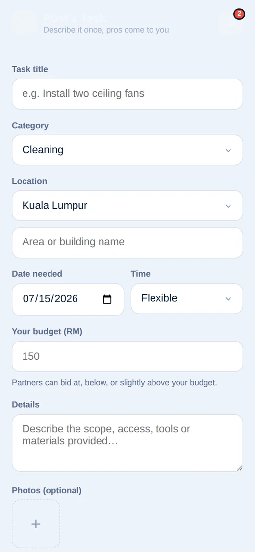 Berespro app, Post a task screen