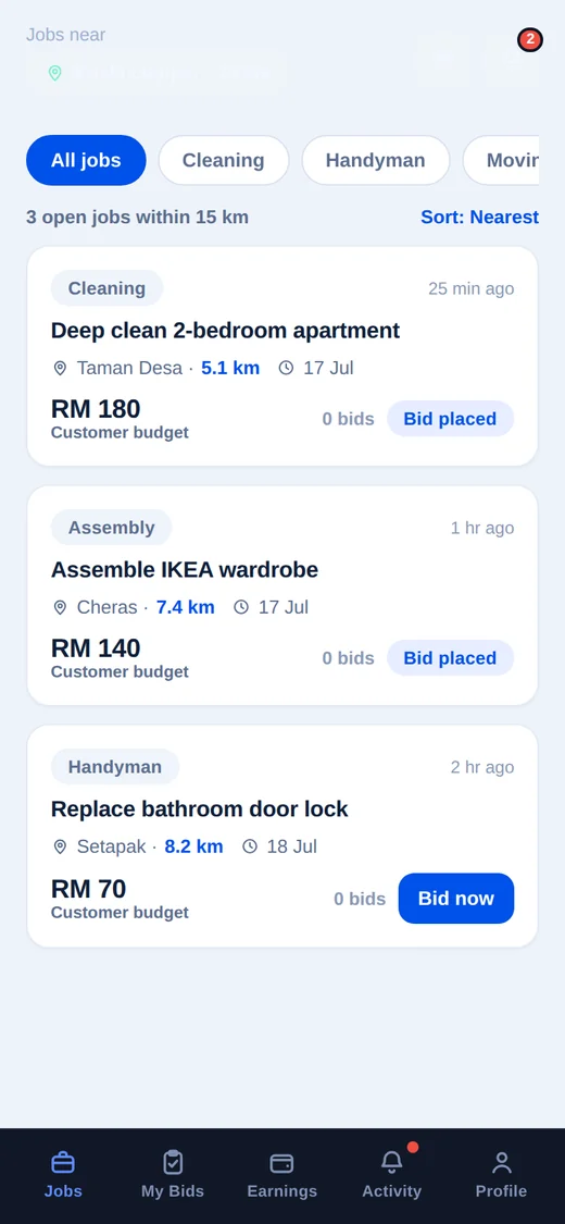 Berespro app, Jobs near you screen